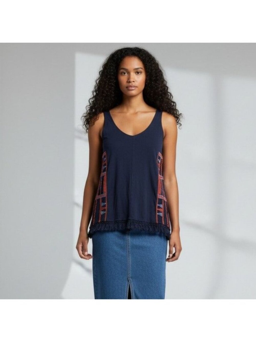 Madewell Womens Navy Blue Aztec Embroidered Fringe Hem Western Tank Top XS